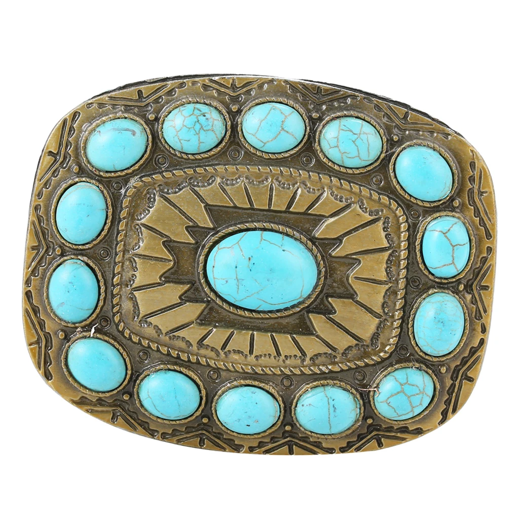 Vintage Cowboy Turquoise Bead Belt Buckle Women Blue Classic Boho Bronze Tone Buckles Point Square Buckle For 1.4-1.5inch belt