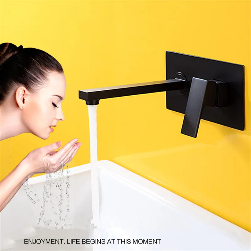 

Basin Faucet Wall Mounted Concealed Black Bathroom Sink Faucet In-Wall Basin Spout Mixer Tap Set Combination Blanoir Brass tap