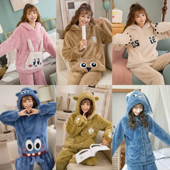 

Cute Cartoon Flannel Pajamas Set Winter Warm 2PCS Sleepwear Coral Fleece Pyjamas Suit Female Thick Sleep Set Casual Home Wear