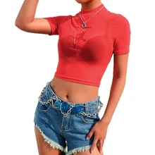 Sexy Women T-shirts 2020 Mesh Net Mesh Sheer Transparent Tee Shirt Lady Short Sleeve See Through Top T-shirt Crop Top Clubwear