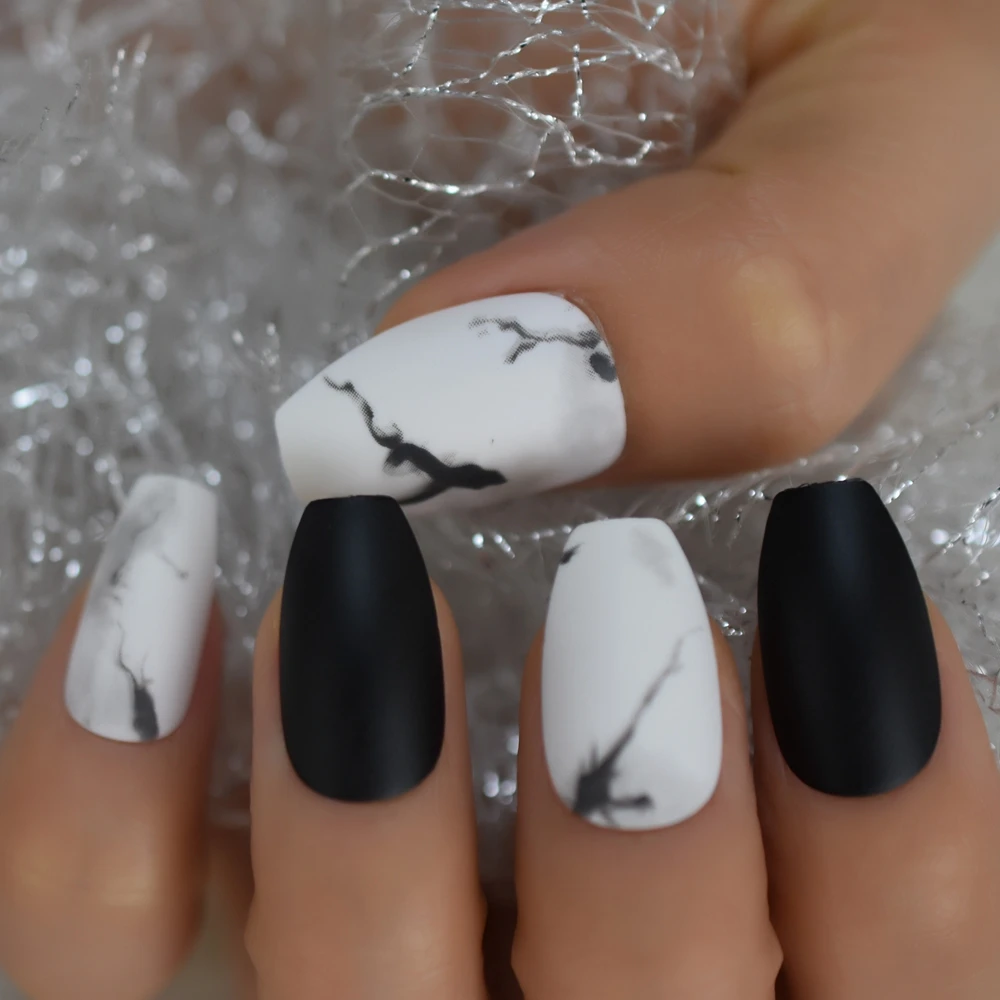 Matte Marble Decorative Fake Nails White Black Mix Designed False Nails Medium Coffin Shape Nail Tips 48pcs Kit Aliexpress Beauty Health