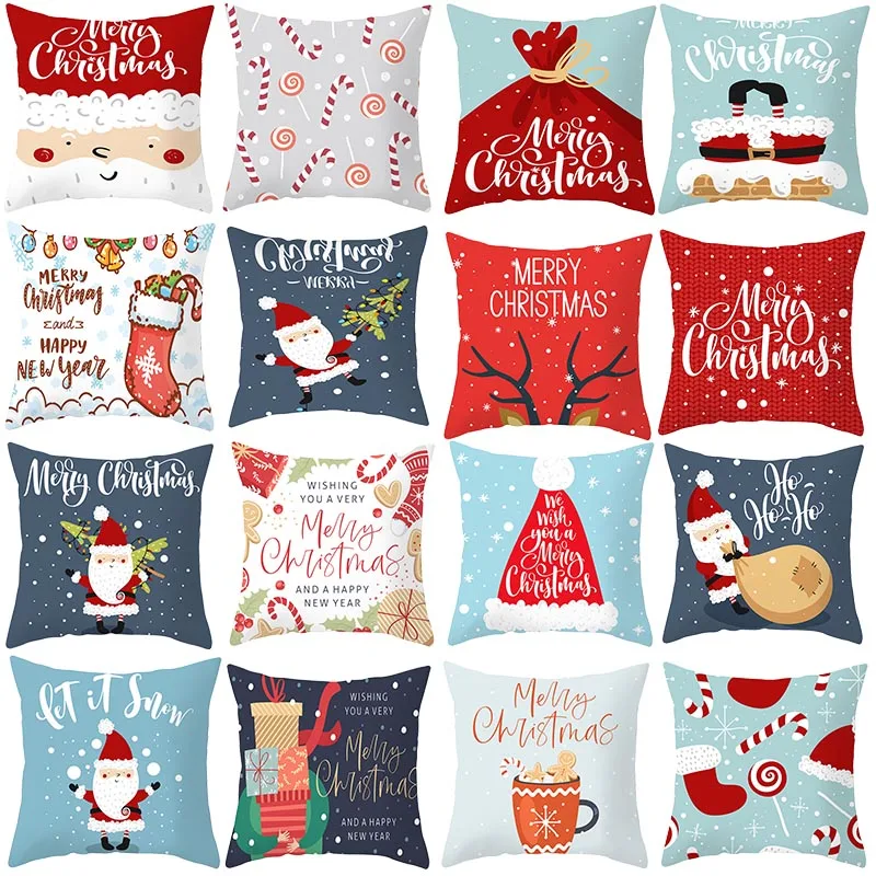 Cartoon Santa Claus Cushion Cover Deer Print Throw Pillow Cover Sofa Cushion Case Home Christmas Decoration Polyester Pillowcase