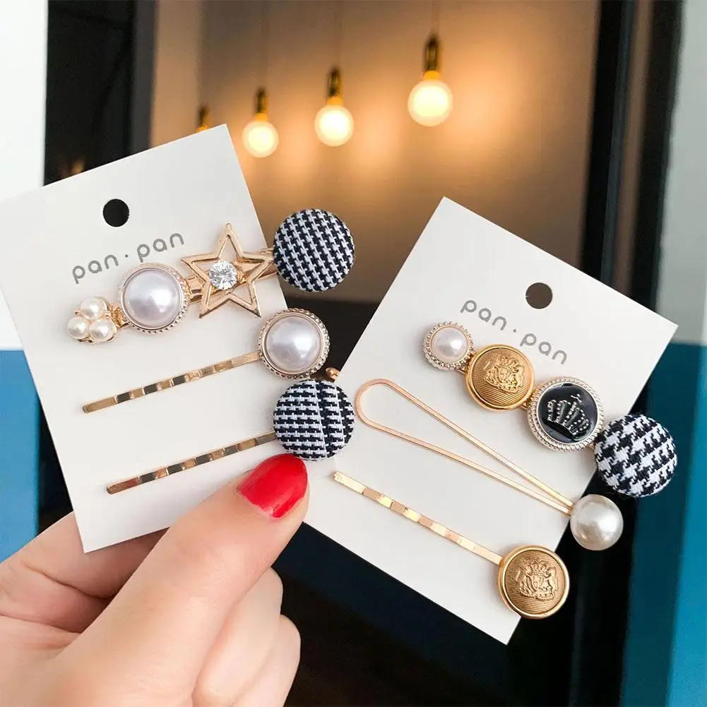 Studyset 3pcs/set Hair Clip Women Elegant Button Imitation Pearl Barrette Clamp Hairpin electroplating High strength alloy
