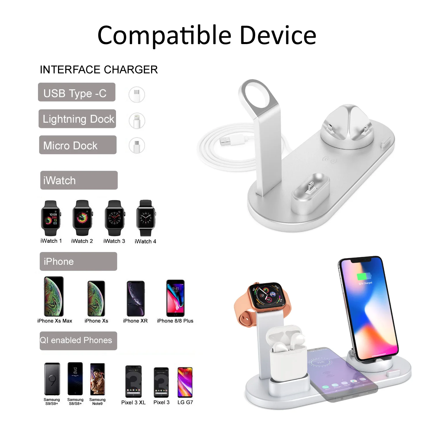 3 в 1 Qi Беспроводная зарядка Индукционная зарядная подставка для iPhone X XS Max XR для Airpod для Apple Watch док-станция 4в1