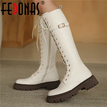

FEDONAS Concise Designer Knee High Boots For Women Wide Leg Zipper Buckle Straps Shoes Woman Genuine Leather Slim Long Shoes