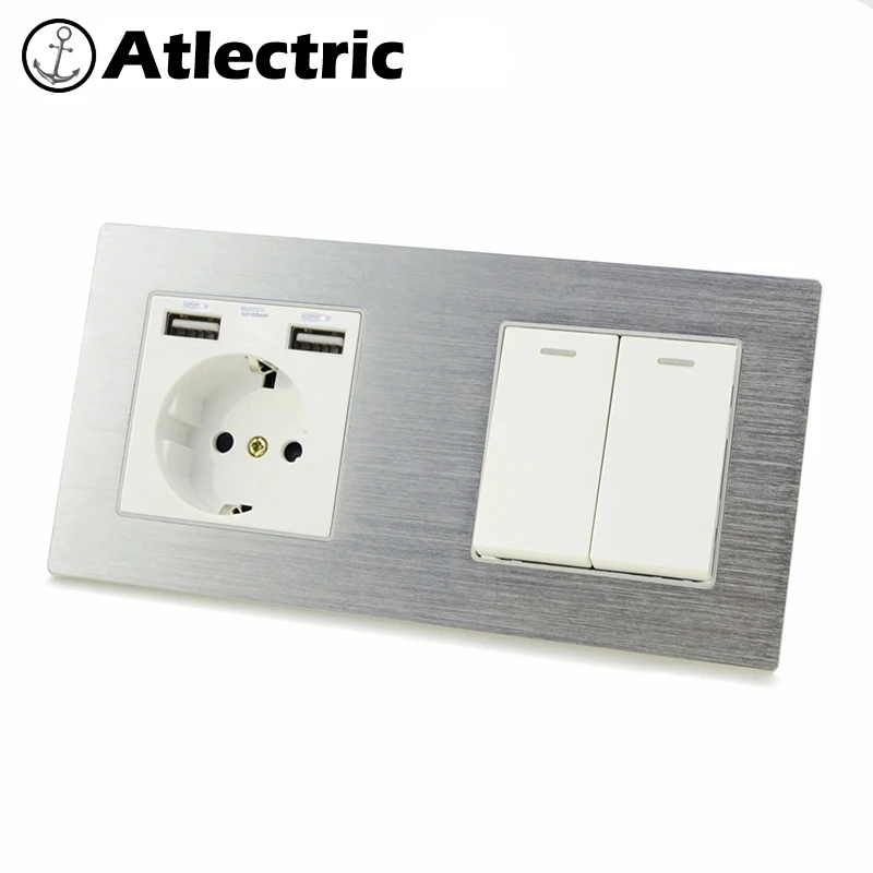 

Atlectric DE EU Plug Power Socket USB Port 1 2 3 4 Gang Lamp Light Button Switch Wall Socket Double Electrical Metal Outlet