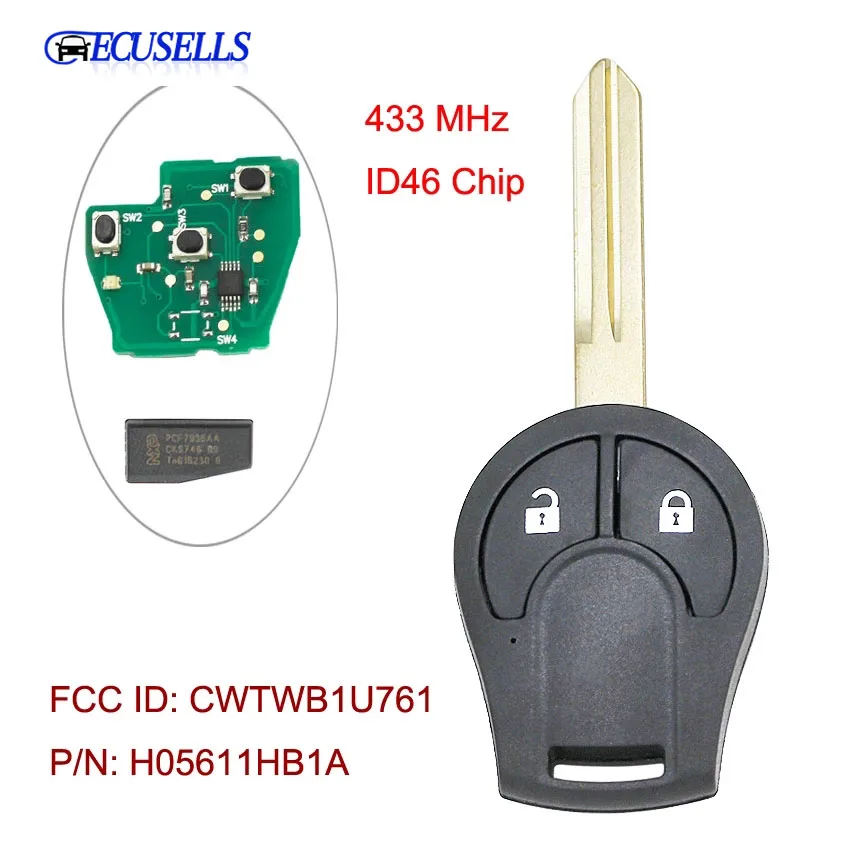 2 кнопки 433 МГц с id46 чипом дистанционного ключа Fob для Nissan Micra K14 2010 + FCC ID:CWTWB1U761 P/N: