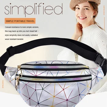 

OUGGER Women's Hip-hop Bag Fashion Laser Silver Versatile Straddle Chest Bag Sports Running Waist Bag Waterproof Hip-hop Bag