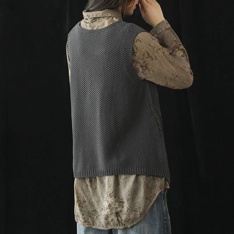 Женский свитер жилет без рукавов свободная кнопка вниз v-образный вырез сплошной цвет вязаный жилет QL распродажа