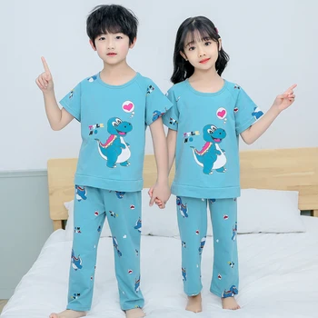

2020 Dinosaur Pyjamas Kids Summer Short Sleeve+long Pants Cotton Children Unisex Pajama Set Cartoon Boys Clothes Girls Sleepwear