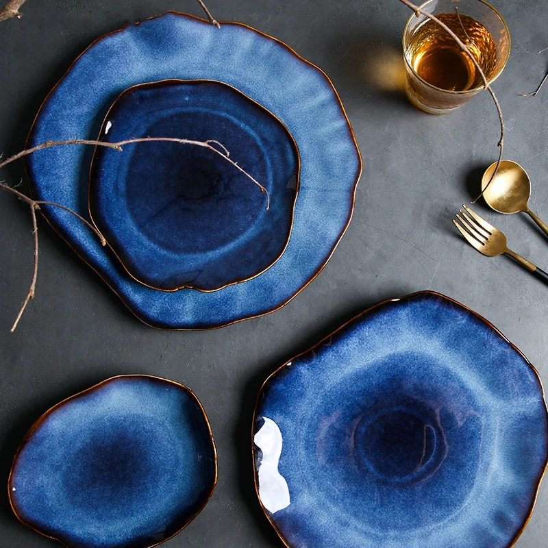 Keramische Platen Deep Blue Onregelmatige Vlakke Plaat Aardewerk Schotel Huishoudelijke Decoratie Servies Servies Lade Hotel Keuken Benodigdheden