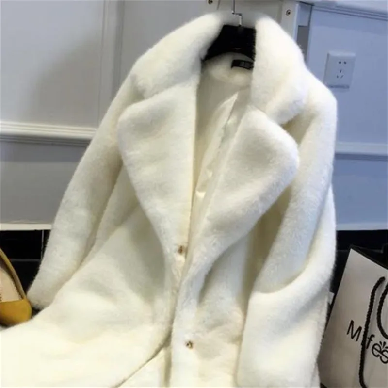 Женское меховое пальто белого XS-2XL размера плюс, свободная длинная куртка из искусственного меха норки, новинка, Корейская черная красная розовая Толстая теплая одежда CX1094