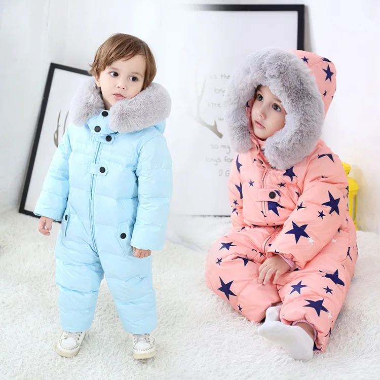 Russian Winter Kids Baby Snowsuit Fleece Liner Thick Warm Down Rompers Hooded Toddler Boys Girls Winter Jacket Ski Suit Outdoor