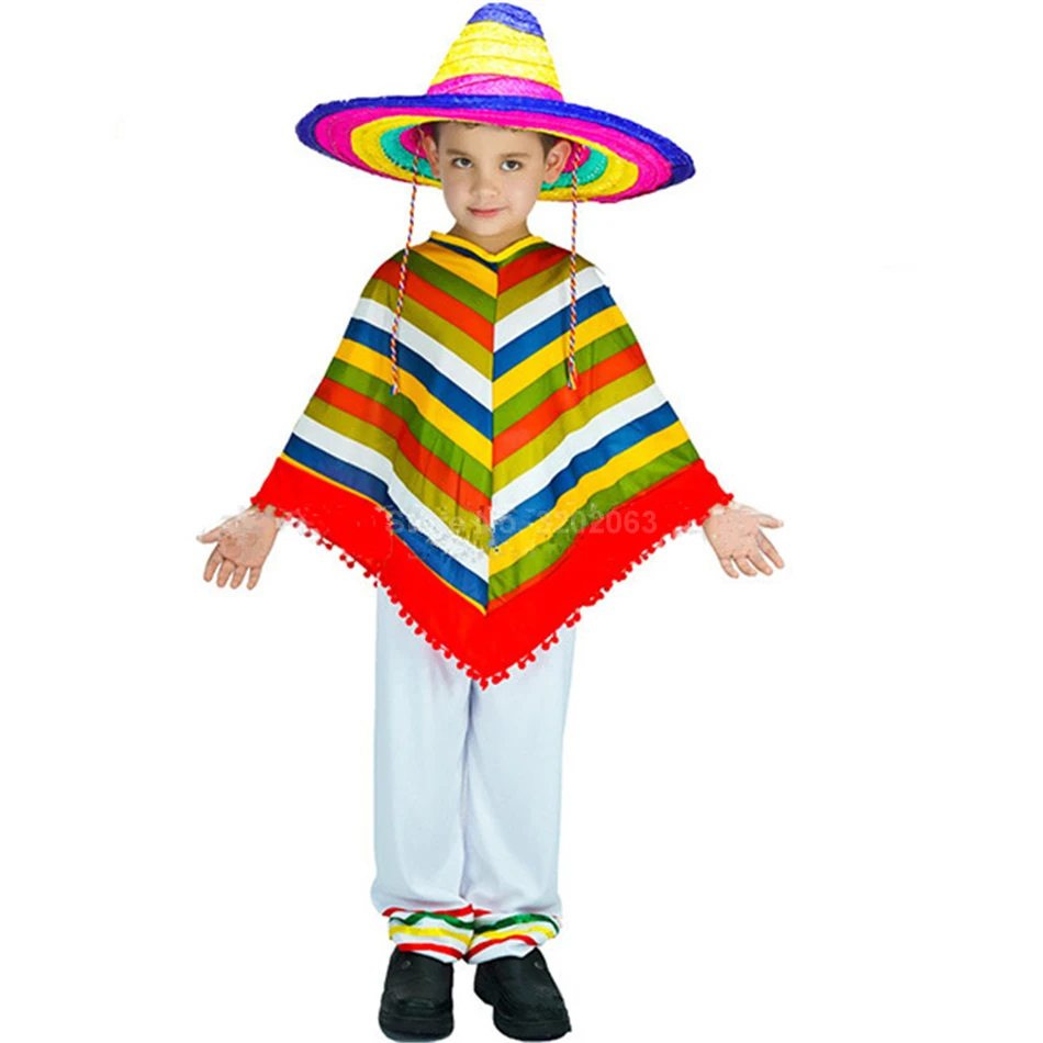 Мексиканская традиционная одежда Детские праздничные костюмы на Хэллоуин Fiesta тематические костюмы в полоску для мальчиков костюм плащ для косплея+ брюки