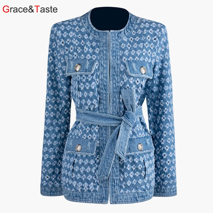 

Grace&Taste Fashion 2020 metal button decoration heavy industry washed denim jacket jacket with holes and hidden buttons tops