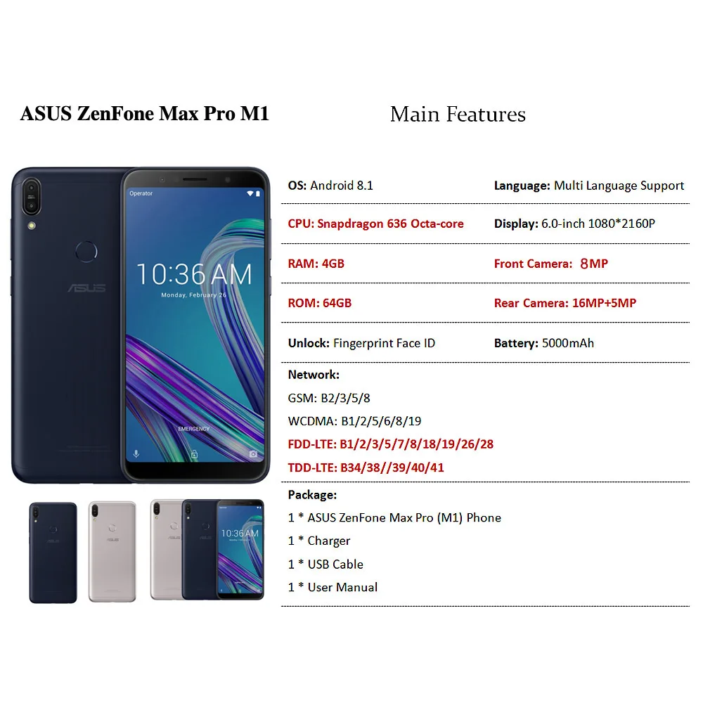 Мобильный телефон ASUS ZenFone Max Pro M1, 4G, Восьмиядерный, Android 8,1, 6 ГБ, 64 ГБ, 16 МП, 8 Мп, 6 дюймов, 5000 мА/ч, смартфон с функцией распознавания лица