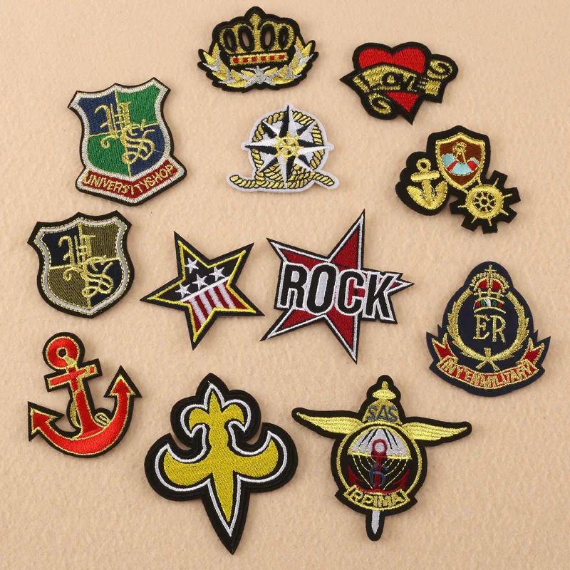 

50pcs/lot Vintage Embroidery Patches Letters Clothing Decoration Accessories Golden Crown Anchor Diy Iron Heat Transfer Applique