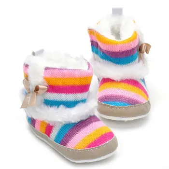 

Infant First Walkers Winter Baby Boots Soft Sole Antiskid Shoes Casual Shoes Thickened Winter Shoes With Bowknot Striped Rainbow