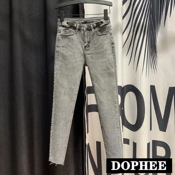 

European High-Waist Jeans Woman Button Jeans Pants 2020 Spring New Tight-fitting Pencil Pants Trousers Smoke Gray Jeans Mujer