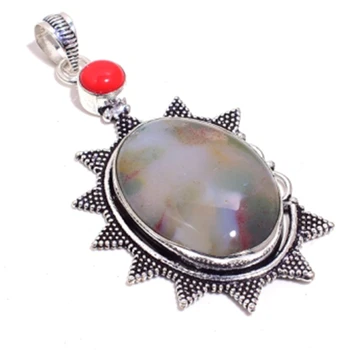 

Genuine Ocean Jasper + Coral Pendant Silver Overlay over Copper , Hand made Women Jewelry gift, P8679