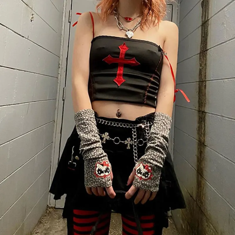 

Corset Tops Punk Streetwear Backless Summer Crop Tops Summer 2021 Goth Gothic Cross Print Black Camis Grunge Harajuku Lace Up