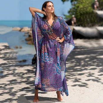 

Beach Outing Croche Cover Up Swimwear Bath Dresses Cover-Ups New Drying Purple Flower Robe Loose Skirt Sun Proof Bikini Women