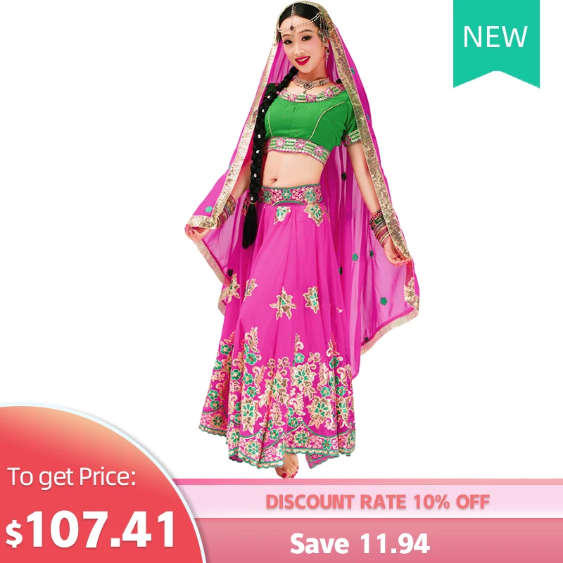 Индийский танец Цвет Блокировка топ блесток гемлинии юбка набор с фатой Женщины взрослый живот Восточный танец представление одежда сценический костюм
