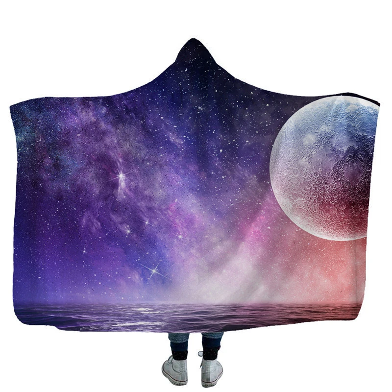 The Galaxy Printed Home Throw Blanket with Hat Wearable Fleece Hooded Blanket Travel Outdoor Camping Windproof Blanket