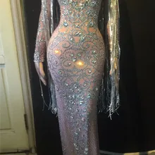 Женское длинное платье с блестящими кристаллами, платья для вечеринок, Стрейчевые стразы, платья для дня рождения, праздничный костюм, платье с бахромой