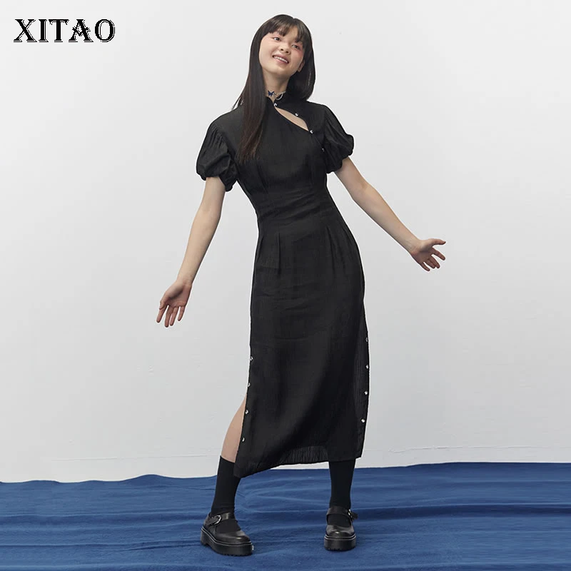 

XITAO High Waist Split Slim Midi Dress Improved Version Stand Collar 2019 Autumn Vintage Thin Elegant Small Fresh Dress GCC1231
