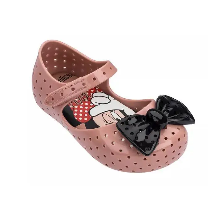 pink Melissa/мини-обувь г. Новая летняя прозрачная обувь принцессы с бантом и Микки Нескользящие пляжные сандалии для девочек ясельного возраста штифт для пирсинга SH19090 - Цвет: pink