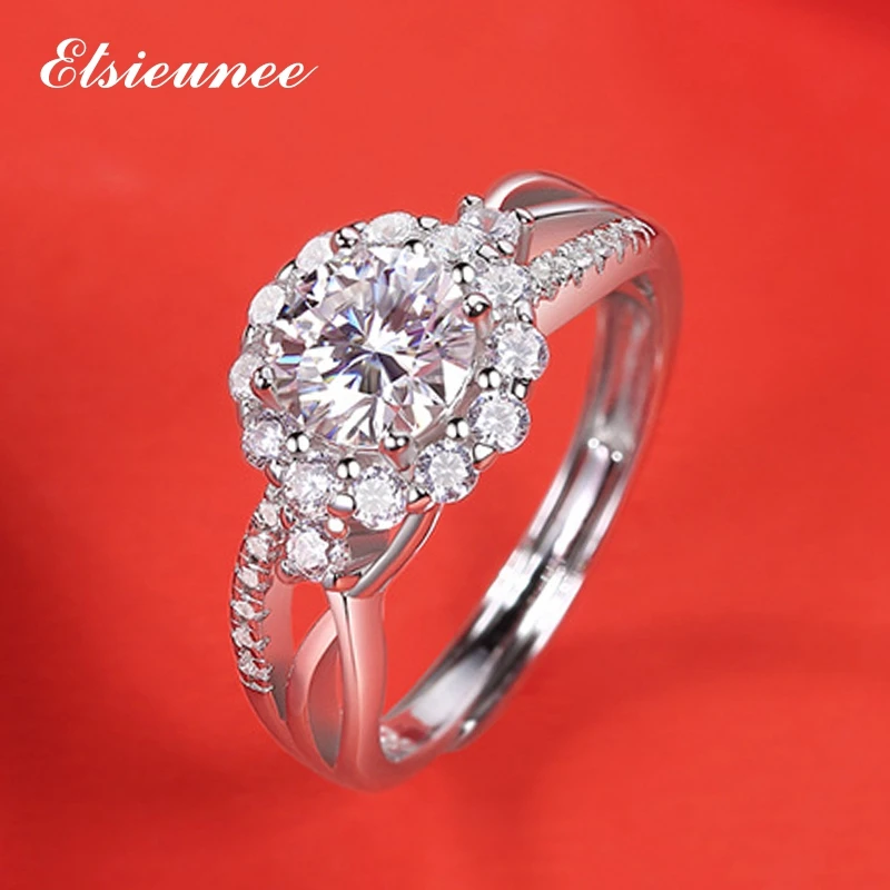 

ELSIEUNEE Excellent Round Cut 925 Sterling Silver 1CT Moissanite Ring Ladies Wedding Engagement Fine Jewelry Pass Diamond Test
