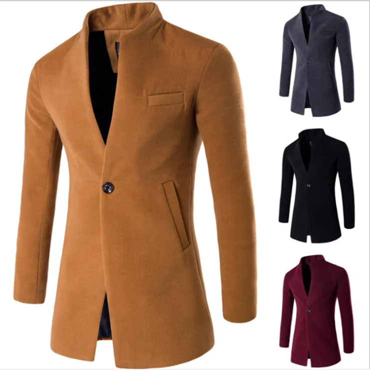 

Solid Stand Collar Men's Woolen Overcoat Single Button Long Cardigan Coat Black Grey Red Khaki Free Shipping Casual Fashion Tops