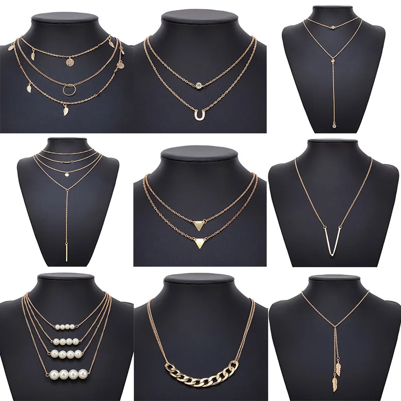 

Classic Women Pendant Necklace Gold Chain Multi-layer Beads Imitation Pearl Leaves Feather Statement Necklaces Choker Jewelry