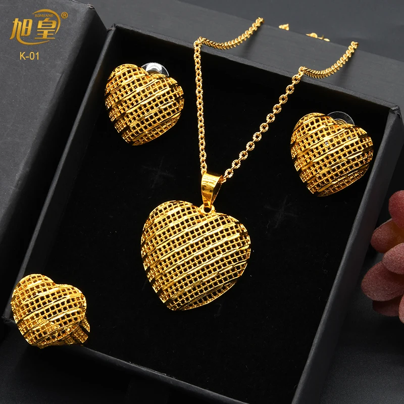 XUHUANG Dubai Gold Color Jewelry Sets For Women Necklace Heart Pendant Earrings Ring Set African Bridal Wedding Jewellery Gifts