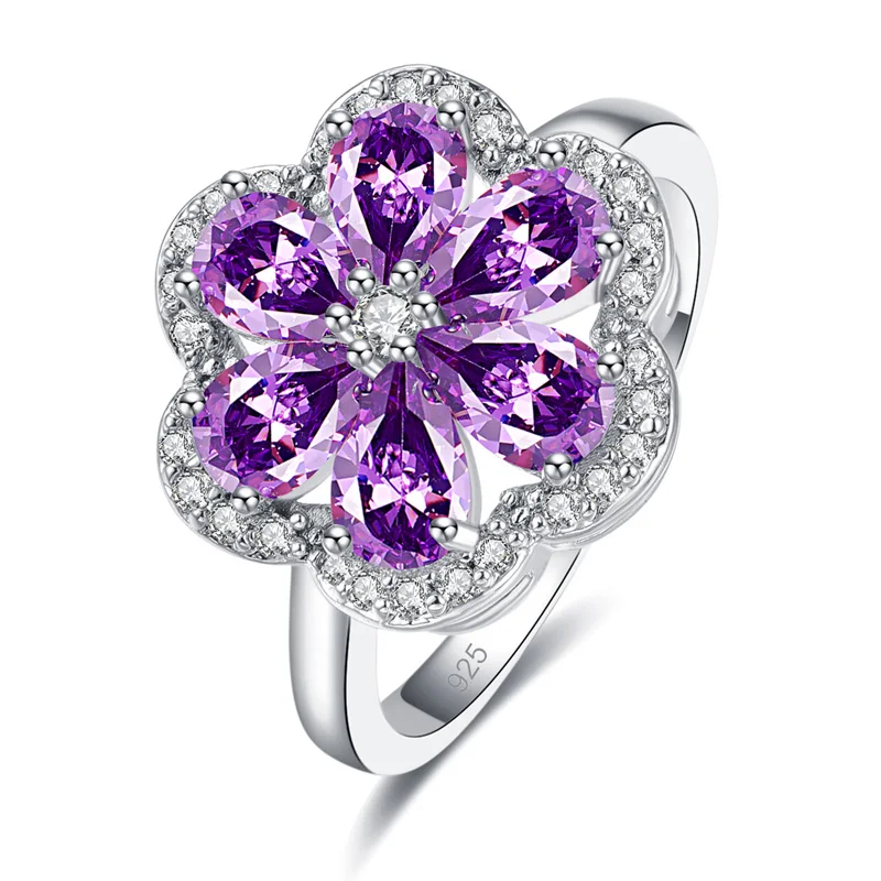 Lingmei кластер Перидот красное золото фиолетовый кубический циркон серебряное кольцо размеры 6 7 8 9 10 11 12 13 женские ювелирные изделия цветочный дизайн - Цвет основного камня: 93-Purple