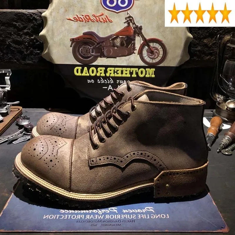 

Real Style 100% Vintage British Leather Safety Desert Men Brand Lace Up Motorcycle Ankle Boots Work Carved Brogue Shoes