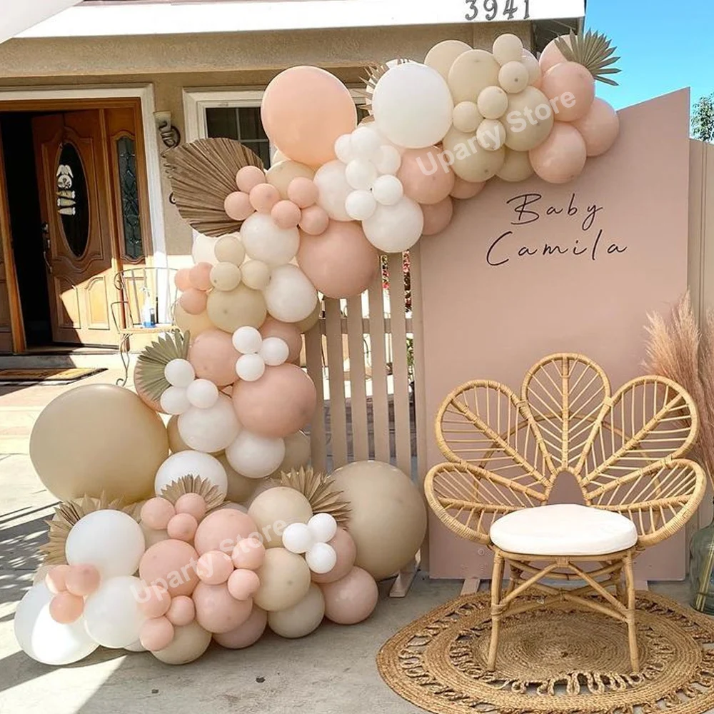 Birthday Balloons Arch Sand White Pastel Peach Pink White Balloon
