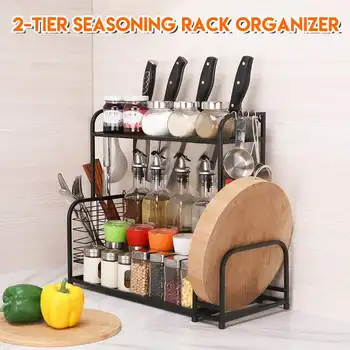 

2-Tier Kitchen Knife Shelf Storage Organizer Wall Shelf Spice Rack Punch Free Stainless Steel Storage Shelves Rack Kitchen Acces