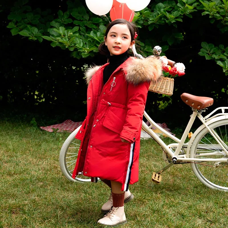 Девочек, Зимняя парка, пальто, с капюшоном, меховой воротник вниз пальто Детская теплая одежда на утином пуху пальто для девочек от 6 до 14 лет - Цвет: Красный