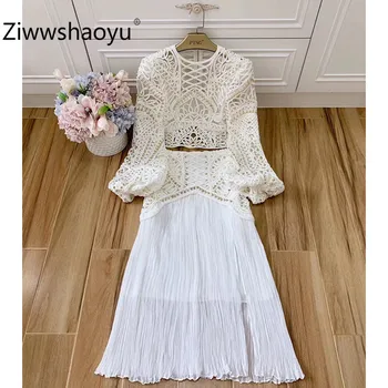 

Ziwwshaoyu Brand Summer Party Sexy Skirt Suit Women's High-End Lantern Sleeve Hollow Out Beaded Blouse + Pleated Split Skirt