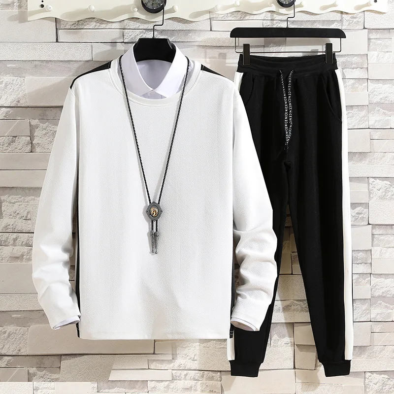 

Men's Clothing Autumn New Style Youth Korean Sportswear Round Neck Color Block Pullover Trousers Two-piece Outdoor Sportswear