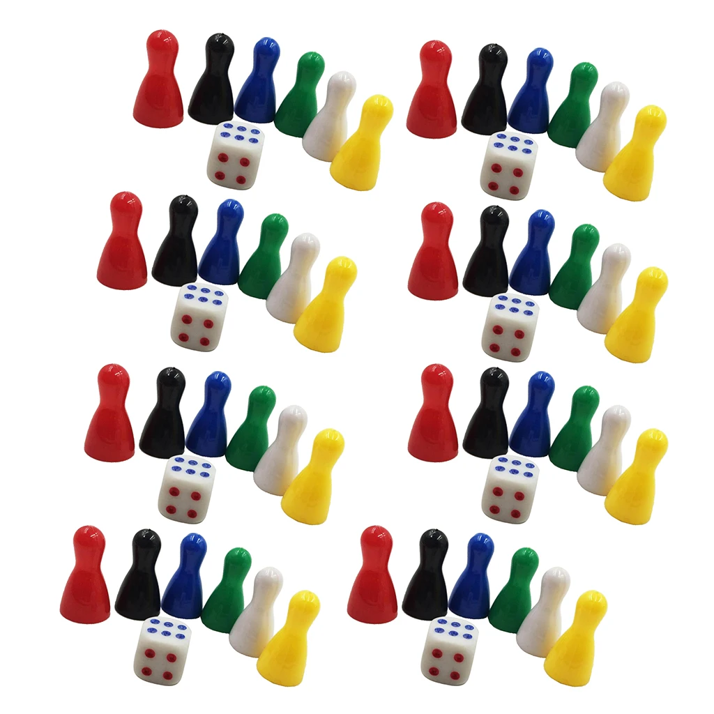 48 Pieces 1 Inch Multicolor Plastic Chess Pieces with 8 Dice for Board Games, Component, Tabletop Markers, Arts and Crafts