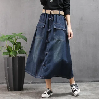 

2020 Black / Blue Denim Skirt Female New personality Big Pocket Casual Retro Vintage Mid-length A-line skirts Womens