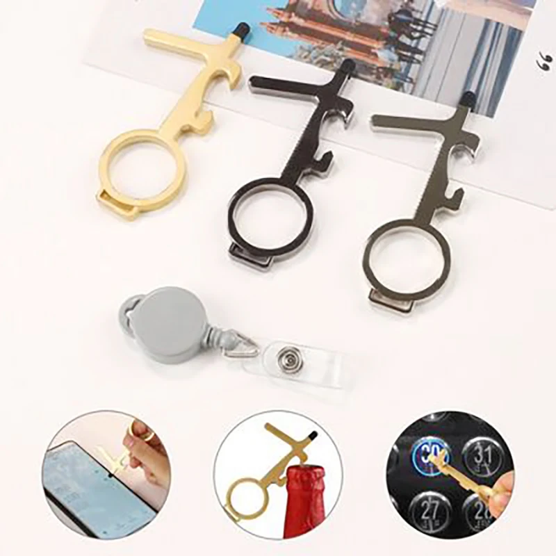 

No Touch Door Opener With Telescopic Rope Zinc Alloy Keychain Key Unbuckle Hand Protection EDC Open Door Key Bottle Opener