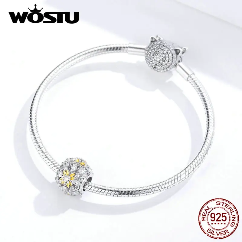 WOSTU Настоящее 925 пробы Серебряный цветок бусины сверкающий Циркон круглые кулоны и Подвески подходят браслет ювелирных изделий FIC1333