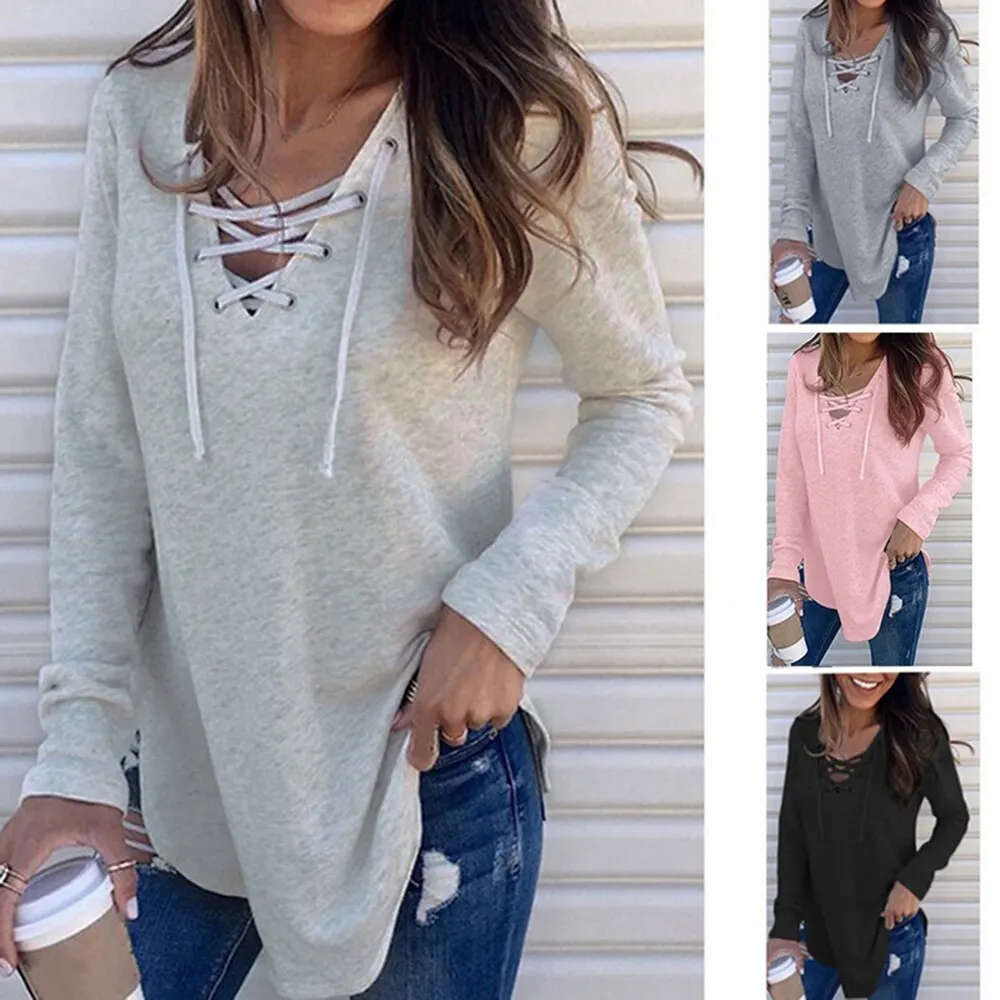 

Long Sleeve Basic T shirts Women Deep V-Neck Bandage Lace Up Tops Sexy Tees Female Spring Autumn Fashion tshirts clothing women