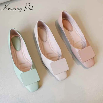 

Krazing Pot 2020 sheep genuine leather candy color loafers square toe streetwear model square metal buckle cozy summer flats L78