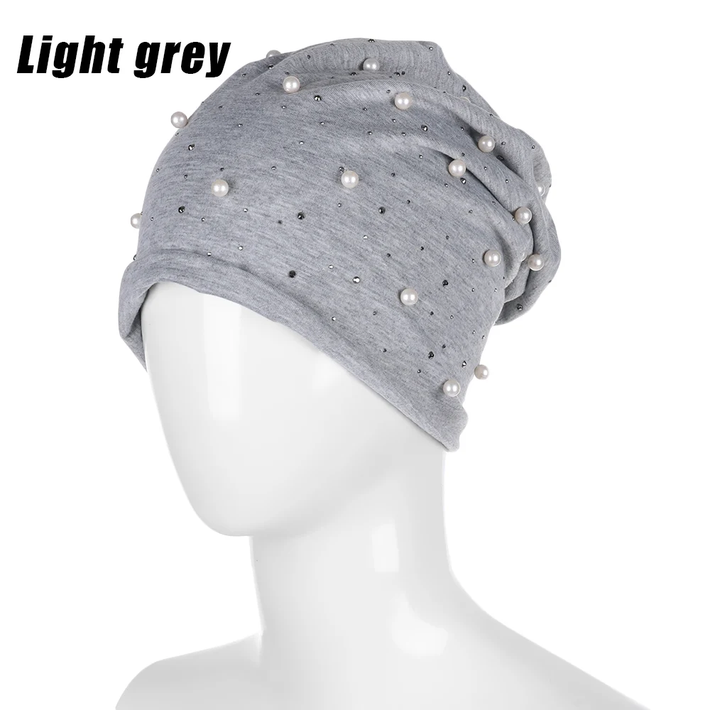 light grey Модная женская индийская тюрбан с бисером, мягкая хлопковая мусульманская шапка с рюшами, кепка, шарф, головной убор, бини, Лидер продаж - Цвет: light grey