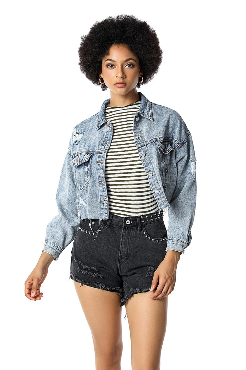 Vintage women Long Sleeve denim ripped jackets Casual blue jean jacket coats Autumn winter fashion streetwear outerwears